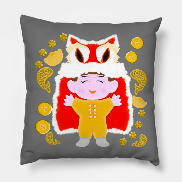 Funny drawn cartoon, boy with Chinese Lion costume for Lunar Celebrations, Roaring Into Prosperity Pillow by zinfulljourney