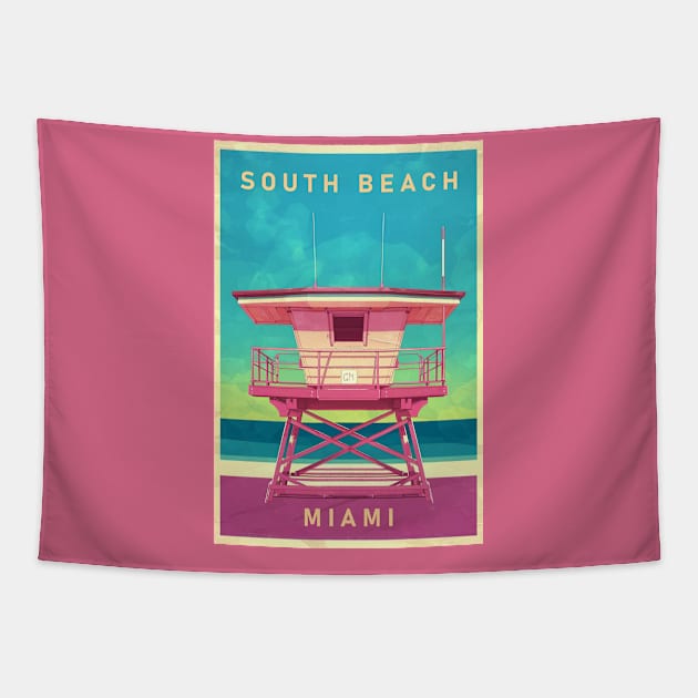 Miami Vintage Travel Poster Tapestry by GreenMary Design