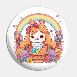 Easter Bunny Girl In Basket. Spring Flowers and Easter Eggs, Rainbow Pin