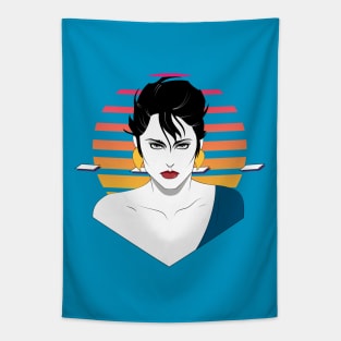 Patrick Nagel Style Vaporwave Portrait Tapestry