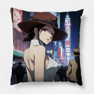 Elegant Enigma: Lady Mafia in White Dress and Fedora Pillow