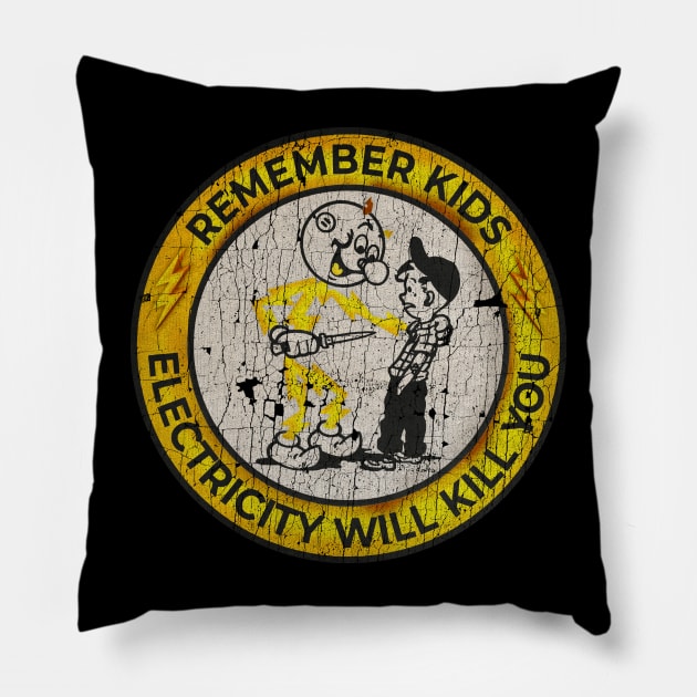 VINTAGE -  Yellow Electricity Will Kill You Kids Pillow by jandamuda99