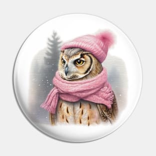 Adorable cute owl wearing a pink hat and scarf Pin