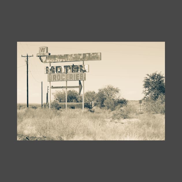 Weathered memoir Whiting Bros Motel sign along Route 66 by brians101