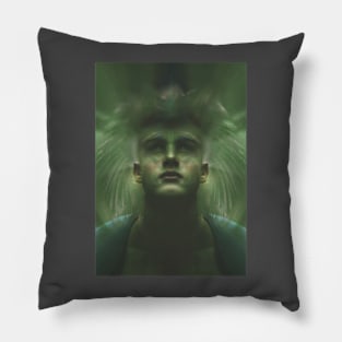 Portrait, digital collage, special processing. Dark, strong. Guy face looking up high. Fantasy. Green, energy flows. Pillow