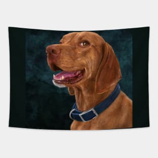 Painting of a Brown Coated Vizsla Smiling on a Green Blue Background Tapestry