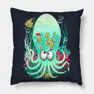 Octopus Silly Funny Character on Coral Reef Pattern Pillow