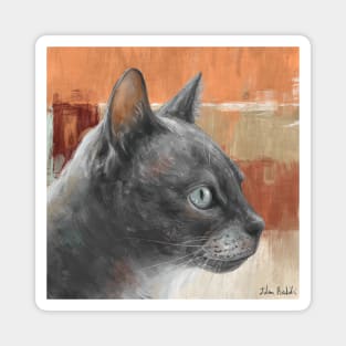 Painting of a Grey Cat with Teal Colored Eyes, in Retro Orange Background. Magnet