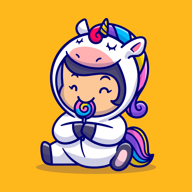 Cute Little Girl Wearing Unicorn Costume And Eat Lollipop by Catalyst Labs