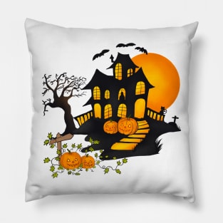 Halloween Pumpkins Scary and Spooky Haunted House Pillow