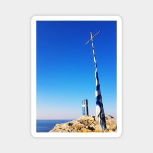 Greek flag waving on a blue and white pole with a cross Magnet