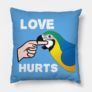 Love Hurts Blue and Gold Macaw Parrot biting Pillow