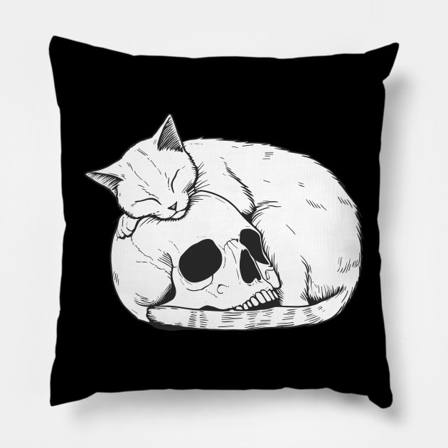 Cat sleeping on skull Pillow by ArtisticBox