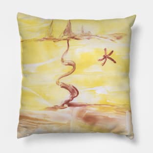 Landscape in yellow tones. Encaustic, art decoration, sketch. Pillow