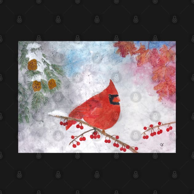 Winter Cardinal on snowy branch with red berries, pine branch, late autumn leaves by ConniSchaf