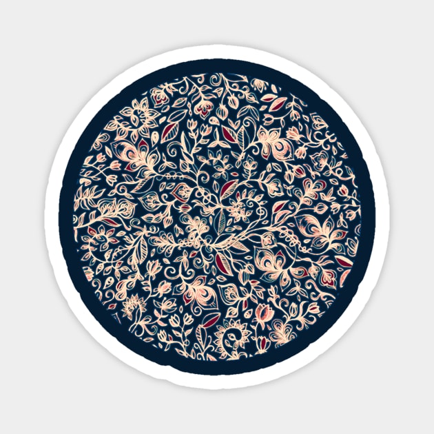 Navy Garden - floral doodle pattern in cream, dark red & blue Magnet by micklyn