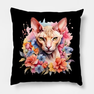 A sphynx cat decorated with beautiful watercolor flowers Pillow