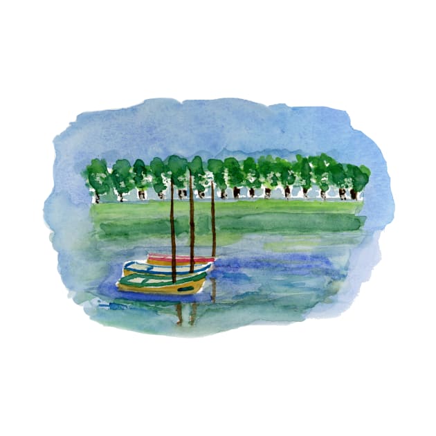 Canoes Watercolor Painting, Watercolor landscape canoes by EugeniaAlvarez