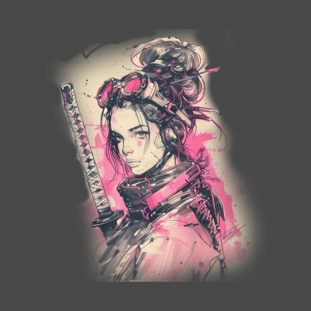 Samurai Girl Pink Cyber Sketch Art by Vlaa