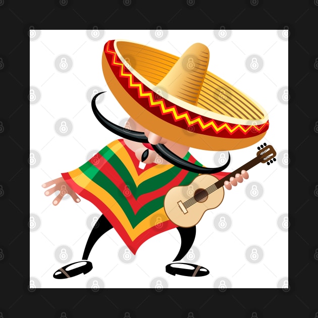 mexican musician in sombrero with guitar drawn in cartoon style by devaleta