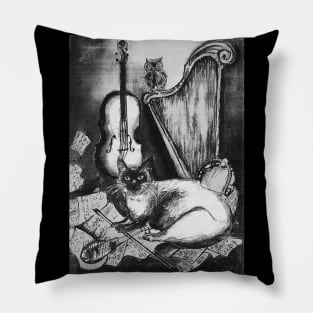 MUSICAL CAT AND OWL WITH MUSIC INSTRUMENTS In Black White Pillow