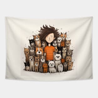 A Boy Surrounded by Playful Dogs 4 Tapestry