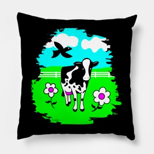 Happy Cow in Flowered Pasture Pillow