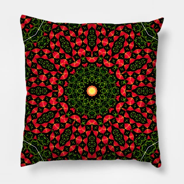 Mandala Kaleidoscope in Red and Green Pillow by Crystal Butterfly Creations