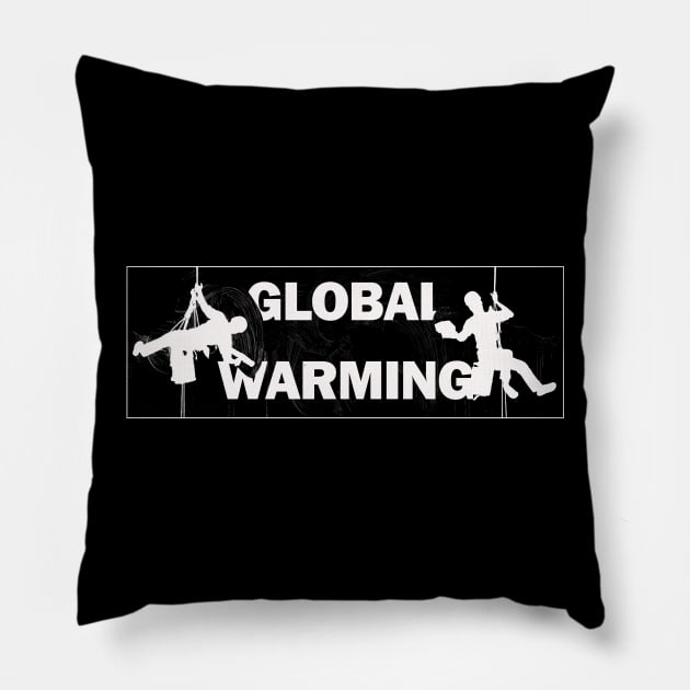 Global Warming - Typography, Two Window Cleaners Wiping Away The Words, White Inverted Cut Out Pillow by Earthworx