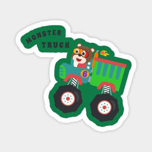 Cartoon vector of monster truck with little animal driver. Magnet