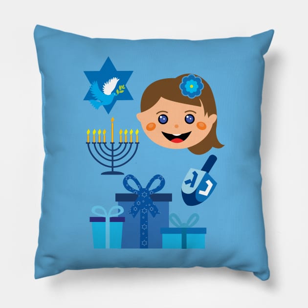 Happy Hanukkah with Jewish Girl with dreidel Pillow by FK-UK