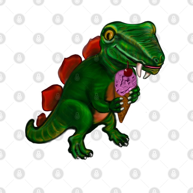 Dinosaur with ice cream  - green and orange dinosaur with sharp teeth fangs enjoying an ice cream treat with. Cherry on top by Artonmytee