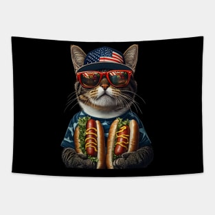 American Shorthair Hotdog Funny Patriotic 4th of July Cat Lover Tapestry