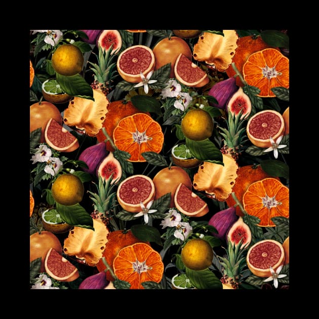 tropical pineapple and oranges botanical illustration, floral tropical fruits, black fruit pattern by Zeinab taha