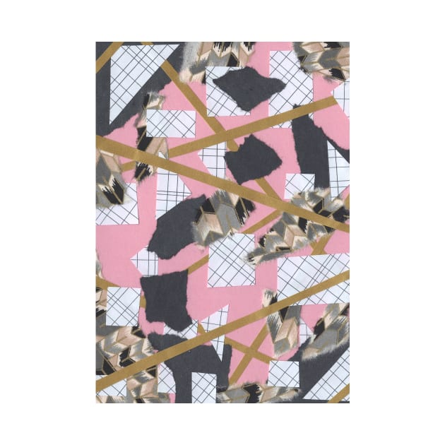 Feathers and Frays - Pink, Gold, Black, White - Abstract Mixed Torn Paper Collage by GenAumonier