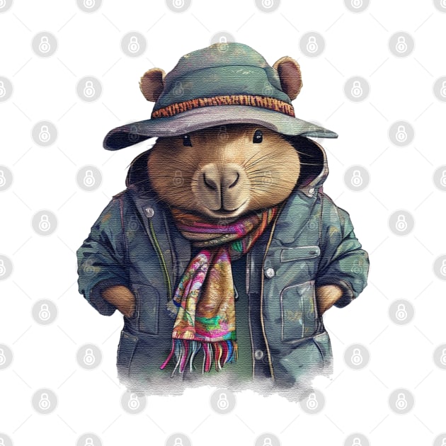 capybara wearing a jacket cap and a scar by JnS Merch Store