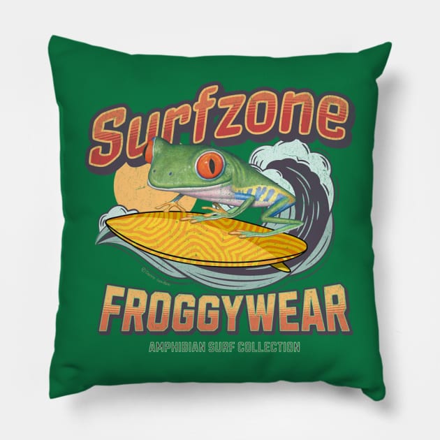 Cute and Funny red eyed tree frog surfing using froggy wear amphibian surf attire tee Pillow by Danny Gordon Art