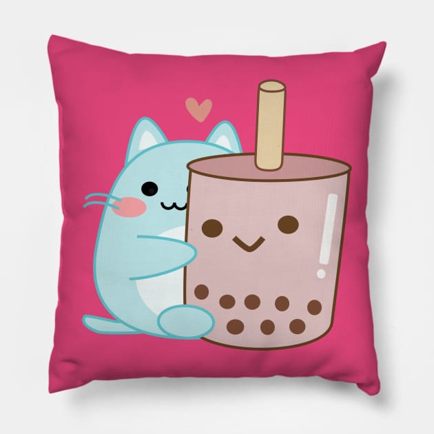 Cute Cat drinking bubble milk tea Pillow by wienterd