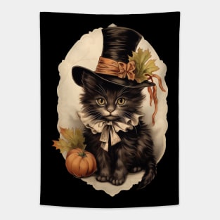 Vintage Halloween Cute Black Kitten Tapestry