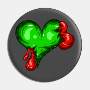 Green Dead Zombie Heart Cartoon Illustration with Blood and for Valentines Day or Halloween Pin