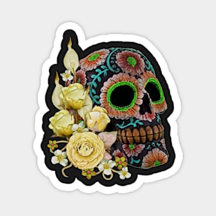 Yellow Floral Black Sugar Skull Day Of The Dead Magnet