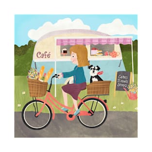 The caravan cafe with a lady on a Dutch bike with shopping and a dog T-Shirt