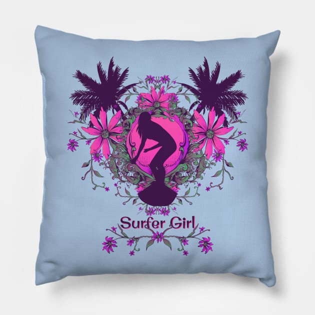 Surfer Girl catching a wave tropical tee shirt Pillow by LittleBean