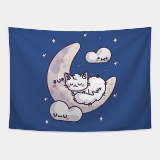 Kawaii Cat Sleeping on the Moon Tapestry