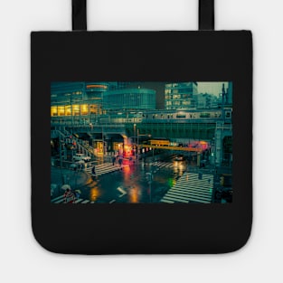 Rainy night in Neo Tokyo Matrix vibe with green and orange light reflection Tote