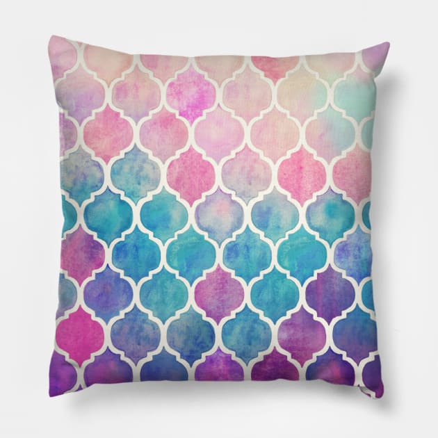 Rainbow Pastel Watercolor Moroccan Pattern Pillow by micklyn