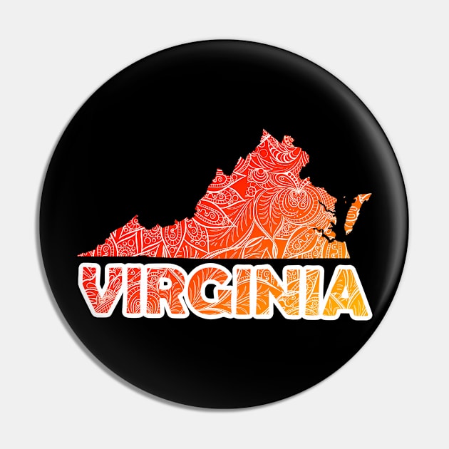 Colorful mandala art map of Virginia with text in red and orange Pin by Happy Citizen