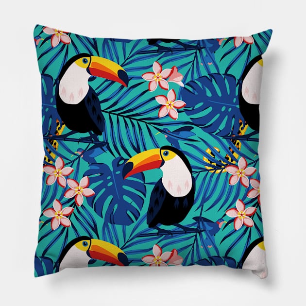 Toucans in Blue Jungle Pillow by nadyabasos