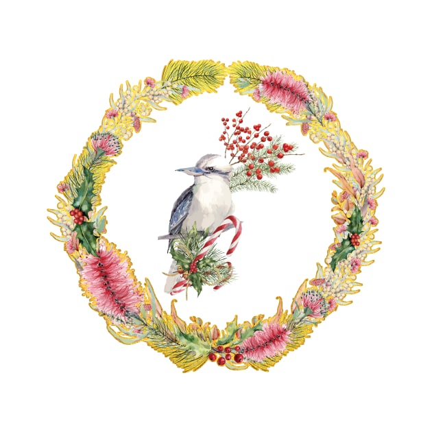 An Australian Native Floral Wreath - Christmas Kookaburra by annaleebeer