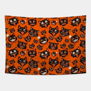 Retro Vintage Halloween Black Cat Faces Pattern - Orange Background Tapestry